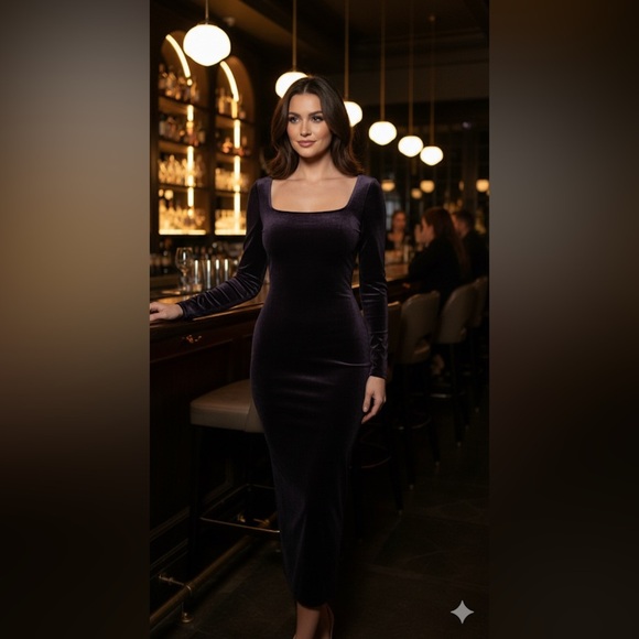 Vintage Wayne Clark dress mermaid velour long sleeve square neck line - Picture 15 of 15